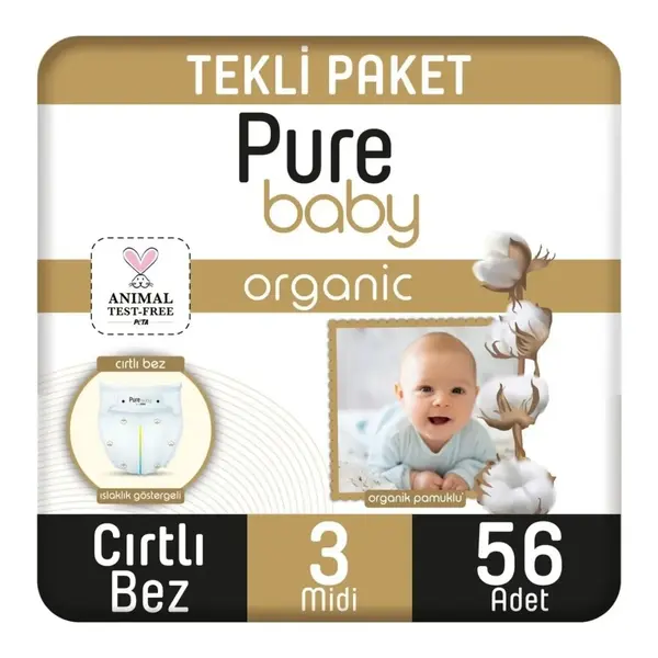 Pure Baby Pamuk Bebek Bezi 3 Beden Midi 56lı Jumbo Paket
