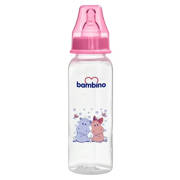 Bambino Silikon Emzikli Standart PP Biberon 250 ml Pembe Hippopotam
