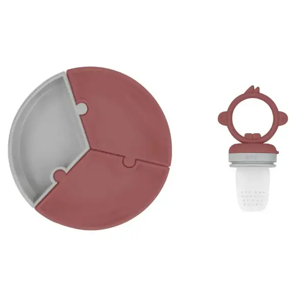 OiOi Puzzle Vakumlu Mama Tabağı, OiOi Püre Meyve Ve Sebze Alıştırıcı Velvet Rose - Powder Grey