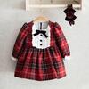 Miomini Elbise Saç Bantlı Fiyonklu Ekose Kadife Şeritli Kırmızı