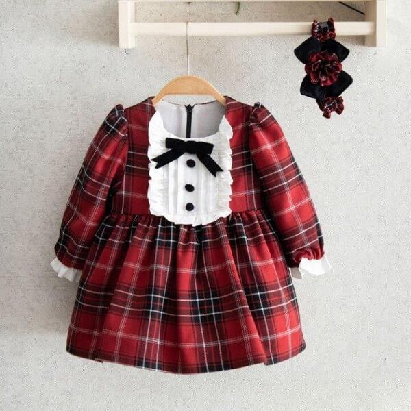 Miomini Elbise Saç Bantlı Fiyonklu Ekose Kadife Şeritli Kırmızı