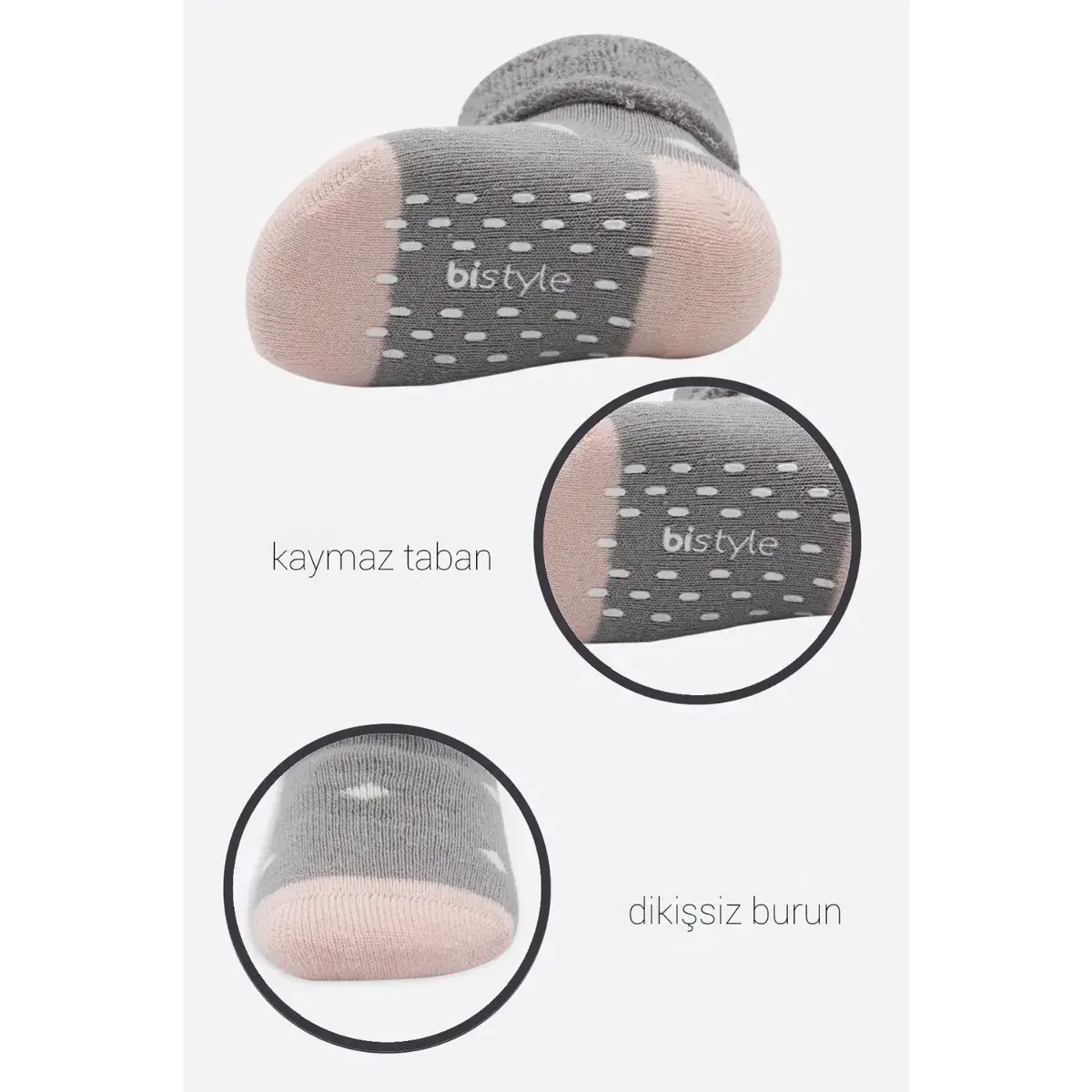 Bistyle Çorap Soket Havlu 2li Kaymaz Point Girl Gri - Pudra