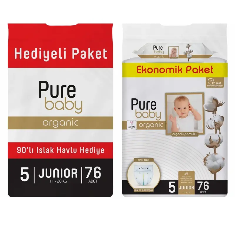 Pure Baby Organik Bebek Bezi 5 Beden Junior 76lı Islak Mendil Hediyeli