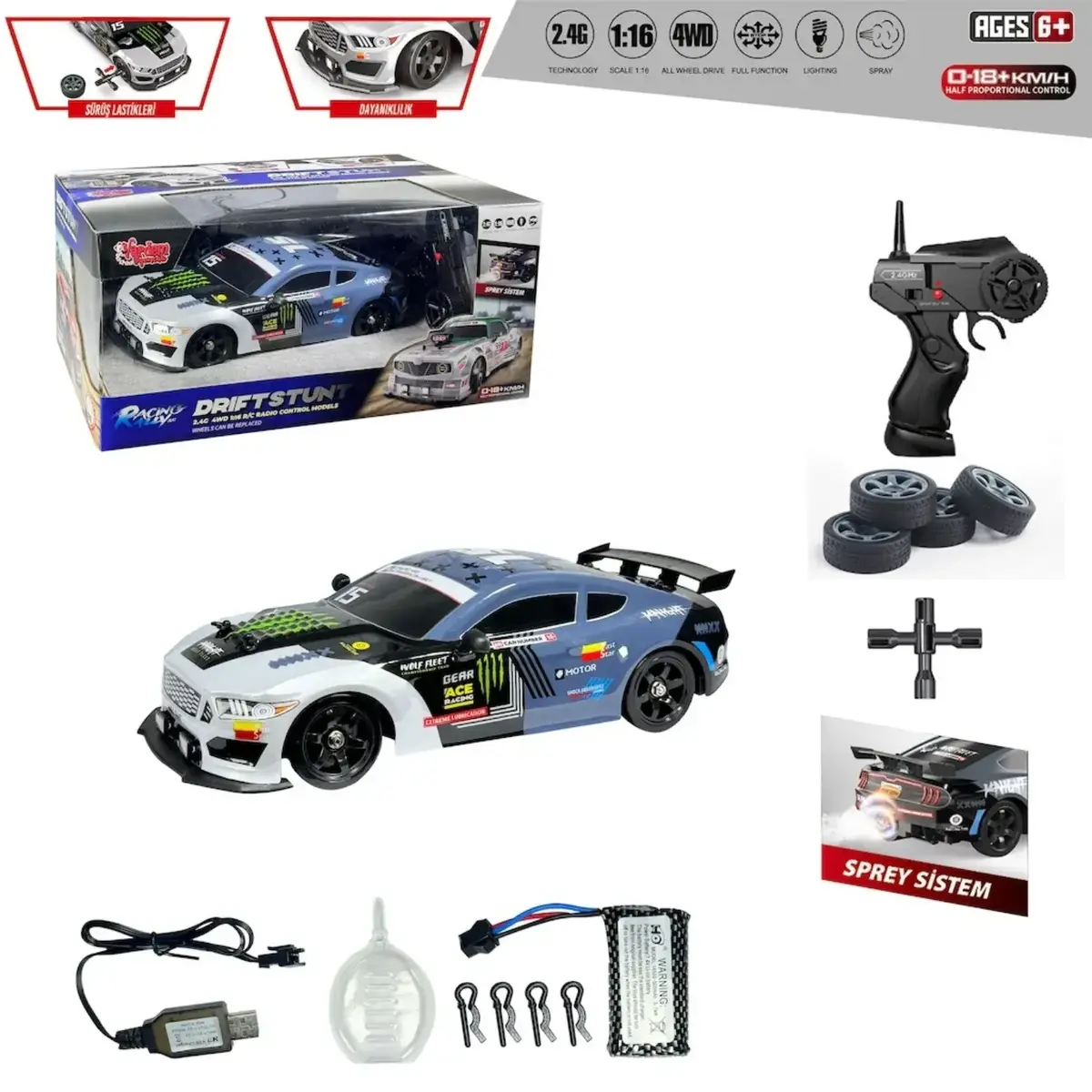 Vardem Uzaktan Kumandalı Full Fonksiyon 2.4G Şarjlı 1:16 4x4 Drift Araba (Işıklı ve Buharlı) GT