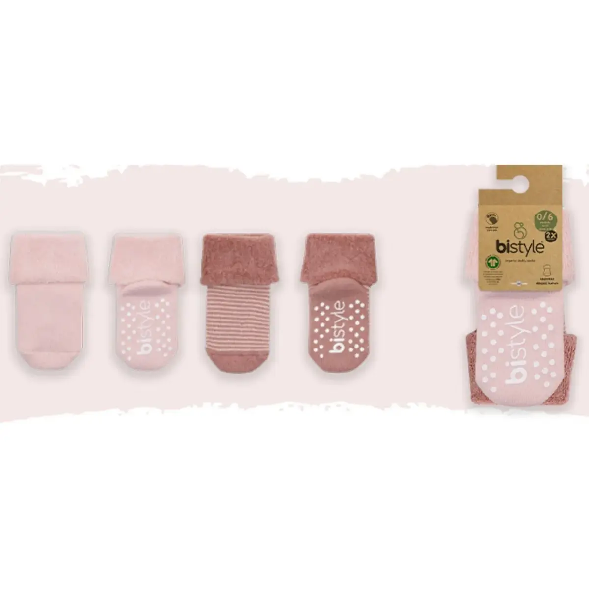 Bibaby Organik Çorap Soket Havlu 2li Kaymaz Çemberli Kıvrık Bistyle Pudra - Pembe