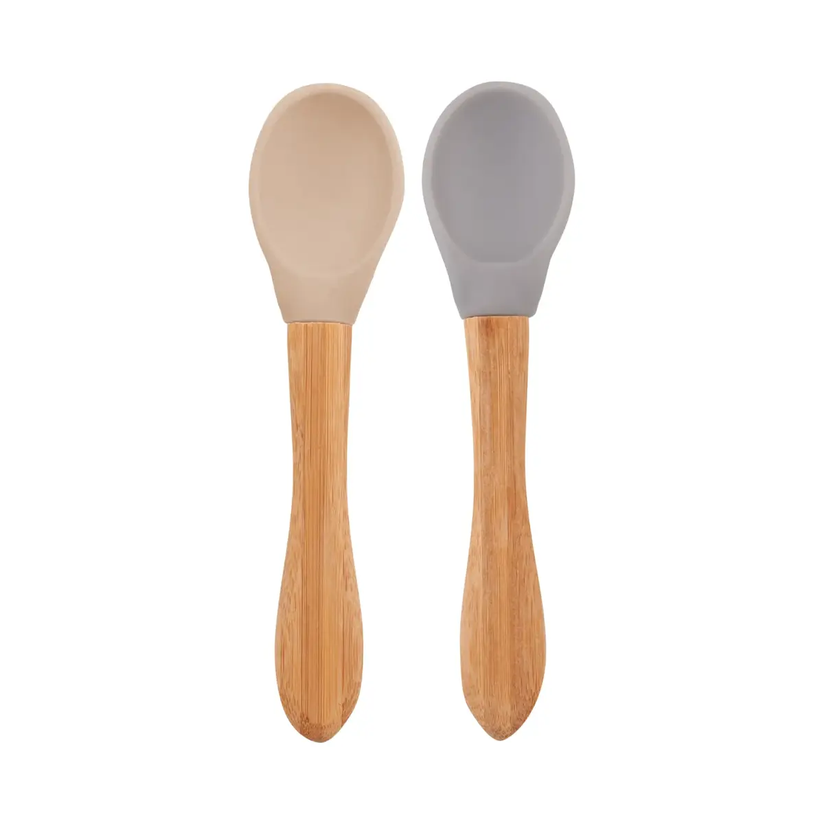 OiOi Silikon Mama Kaşığı 2li Bambu Saplı 9+ Ay Bubble Beige - Powder Grey