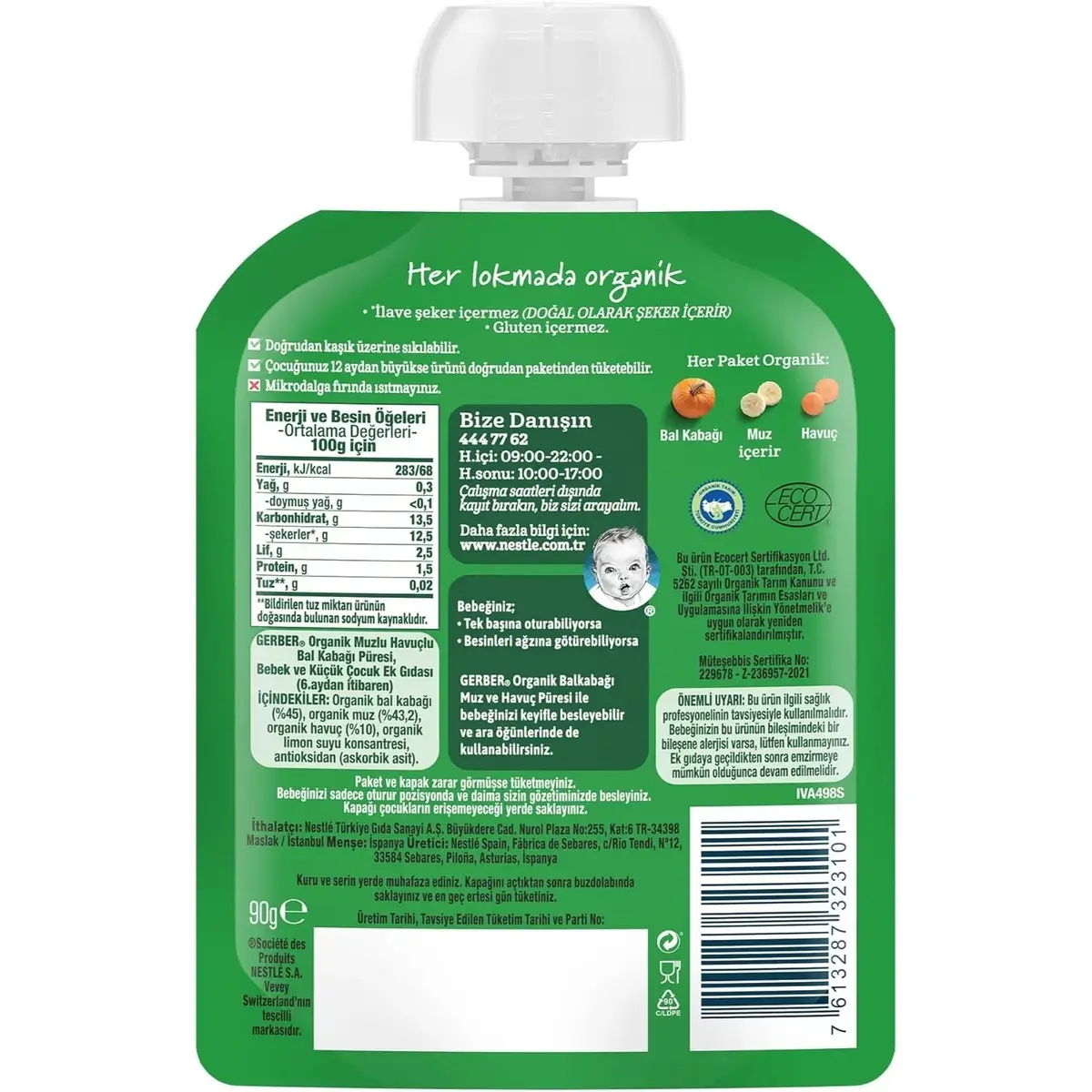 Gerber Organik Balkabaklı Muzlu Havuçlu Meyve Püresi 90 gr*2
