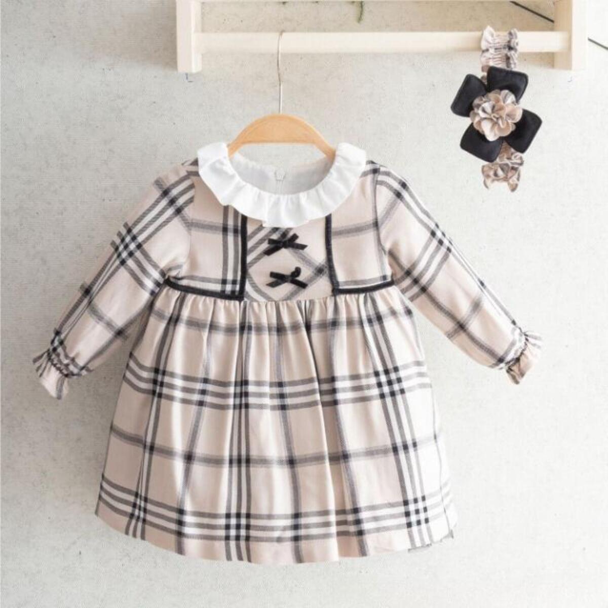 Miomini Elbise Saç Bantlı Yakası Dokuma Ekose Kadife Şeritli Bej