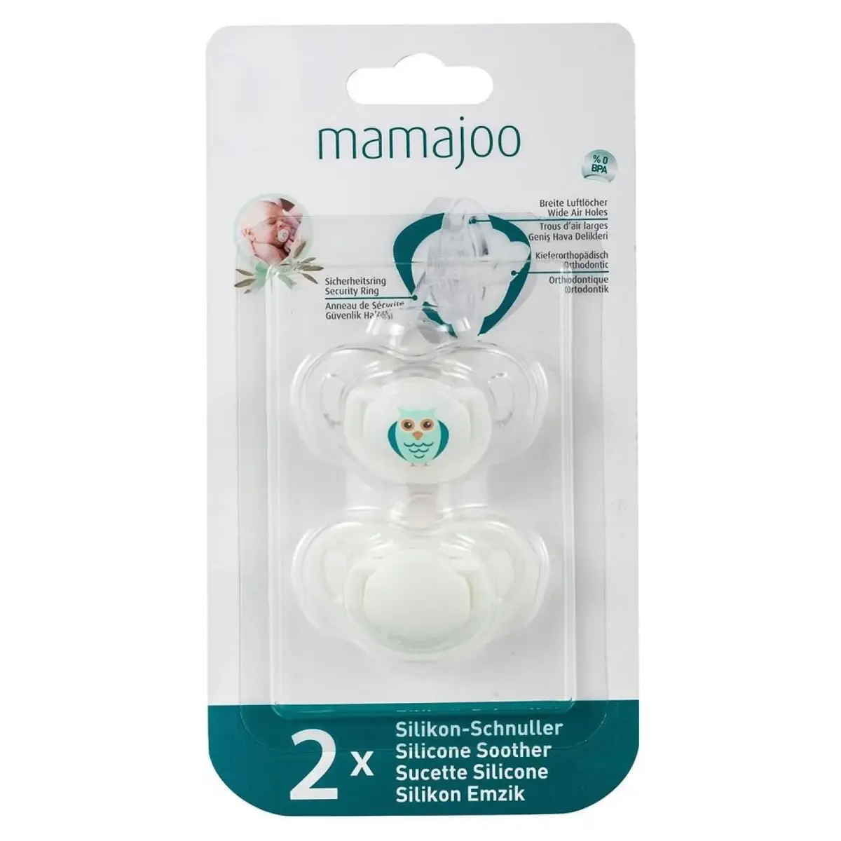 Mamajoo Ortodontik Silikon Emzik 2li 6+ Ay Baykuş Beyaz