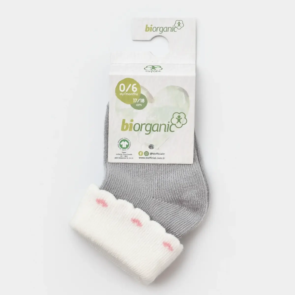 Bibaby Organik Çorap Soket Kalpli Kız Gri