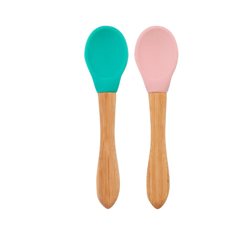 OiOi Silikon Mama Kaşığı 2'li Bambu Saplı Aqua Green/Pinky Pink