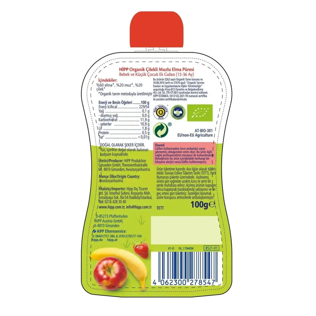 Hipp Organik Çilekli Muzlu Elma Püresi 100 gr