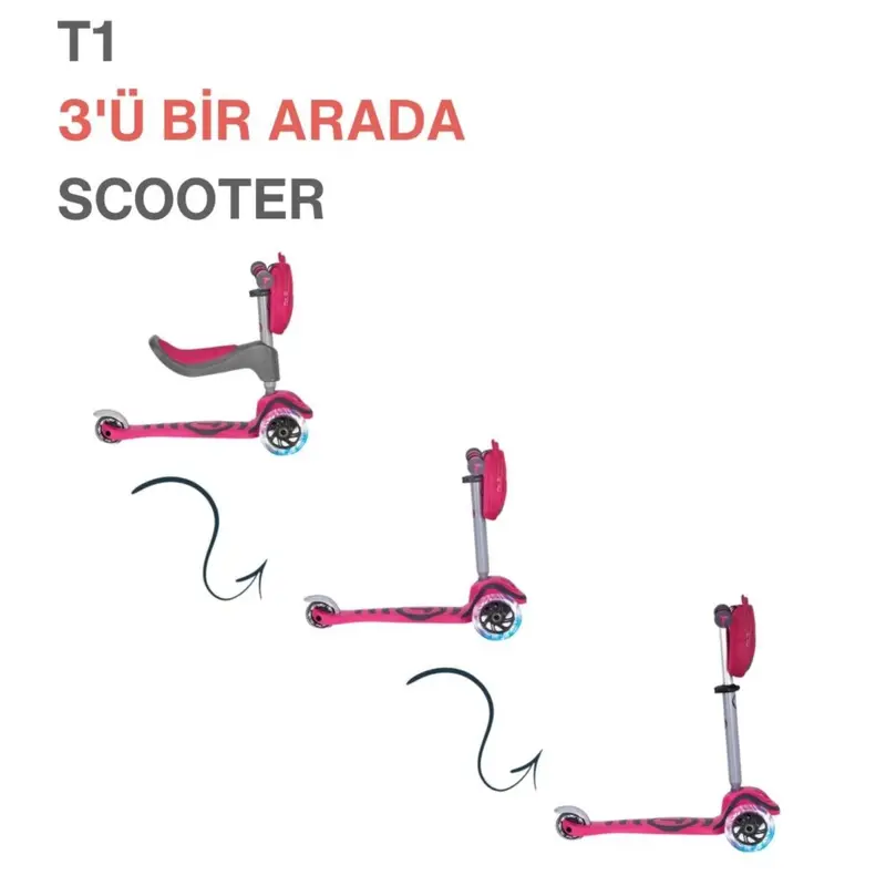 SmarTrike T1 3’ü 1 Arada Oturaklı ve Çantalı Çocuk Scooterı- Pink