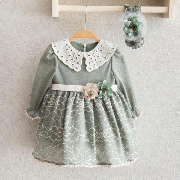 Miomini Elbise Saç Bantlı Triko Çiçek Kemerli Yeşil 