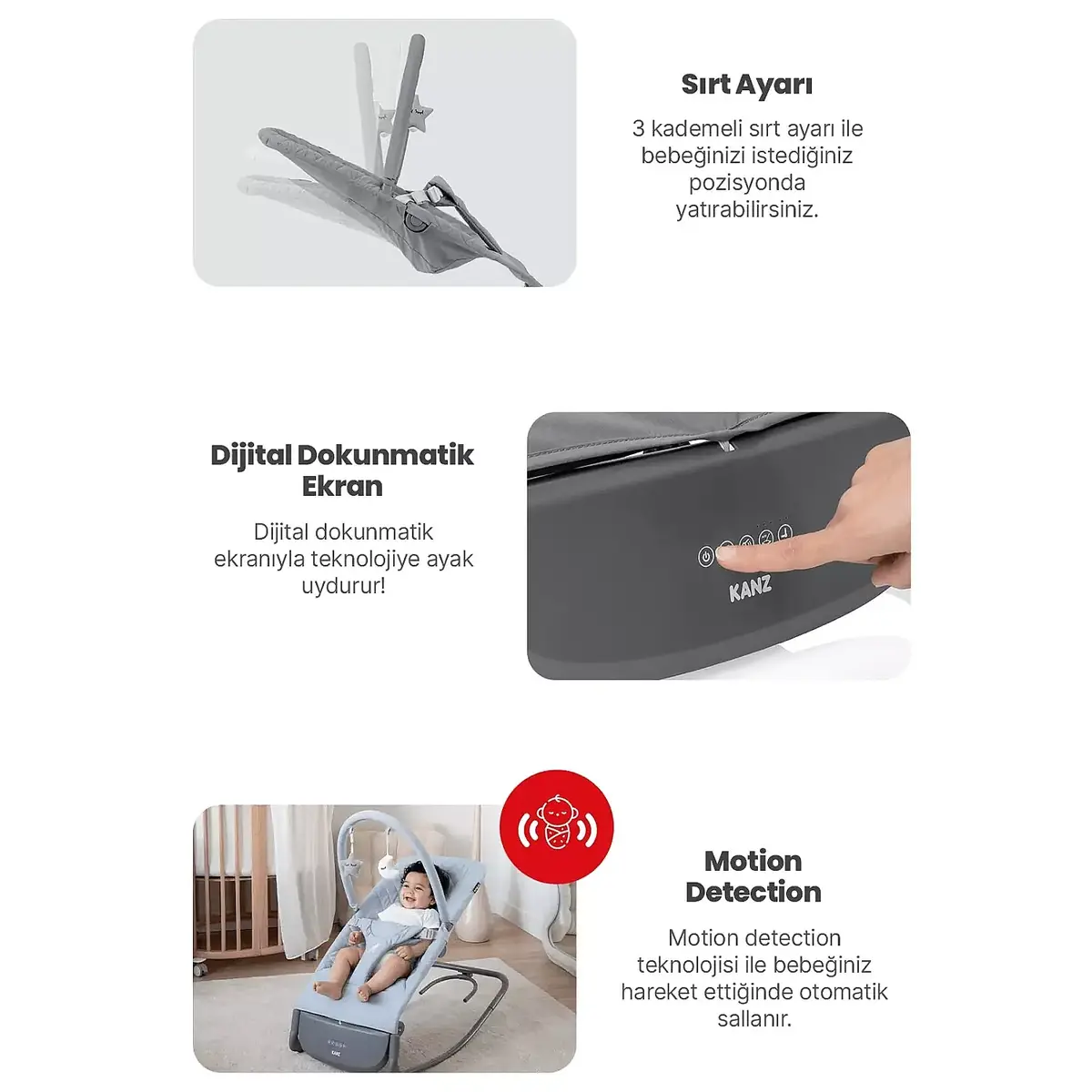 Kanz Robin Elektrikli Pilli Ana Kucağı Cool Grey