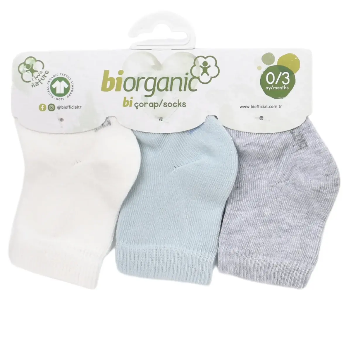 Bibaby Organik Çorap Soket 3lü Basic Mavi - Gri