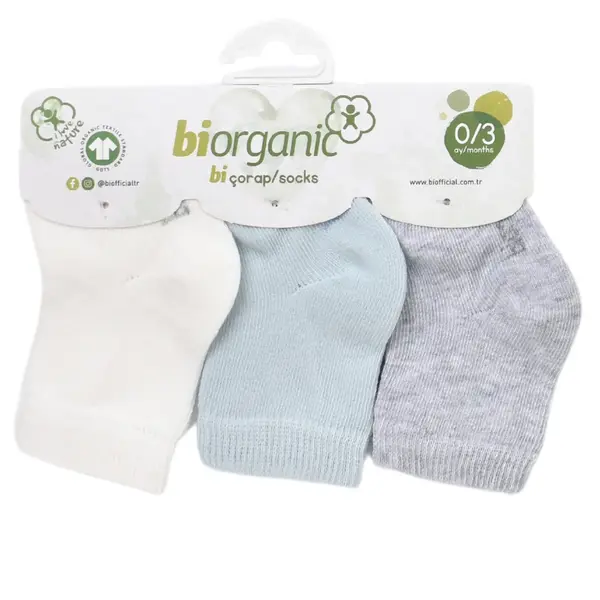 Bibaby Organik Çorap Soket 3lü Basic Mavi - Gri