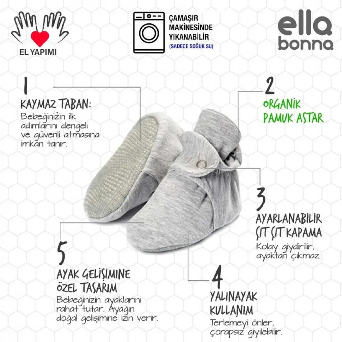 Ella Bonna Patik Pamuk Organik Cotton Gri Ella Bonna Patik Pamuk Organik Cotton Gri