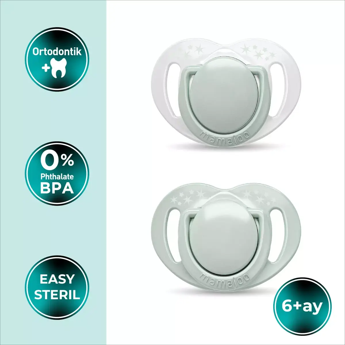 Mamajoo Silikon Emzik 2li & Sterilizasyon Saklama Kutusu 6+ Ay Powder Green