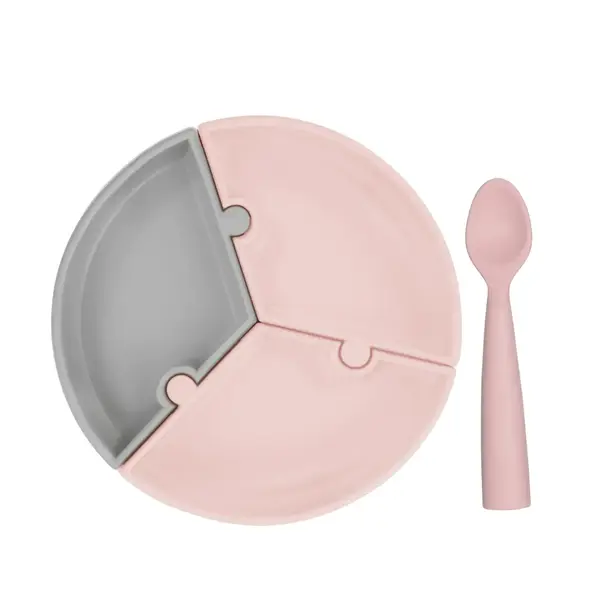 Oioi Puzzle Vakumlu Mama Tabağı+Nam Nam Mama Kaşığı Pinky Pink-Powder Grey