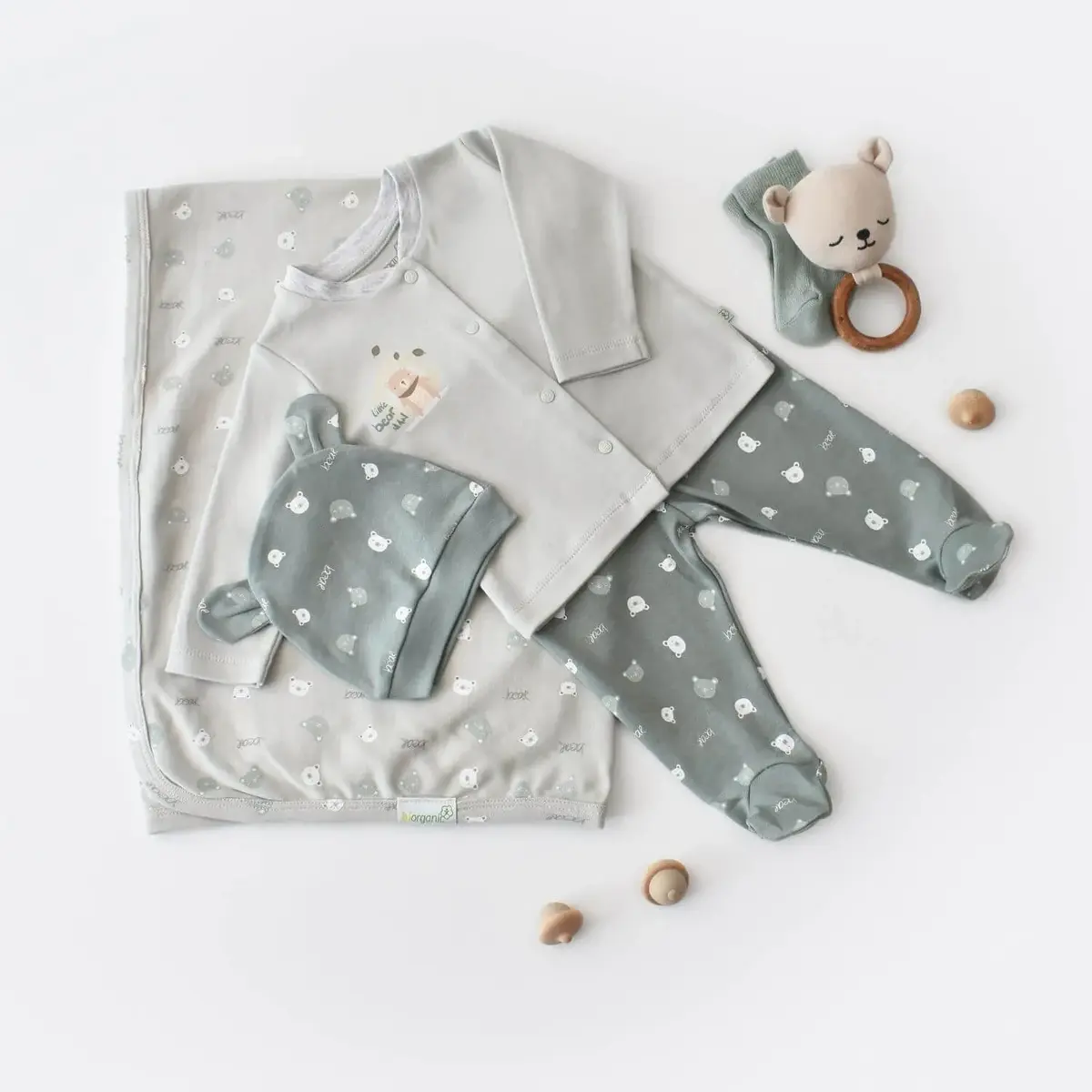 Bibaby Organik Zıbın Takımı Battaniyeli Tüllü Hug Me Bear Yeşil