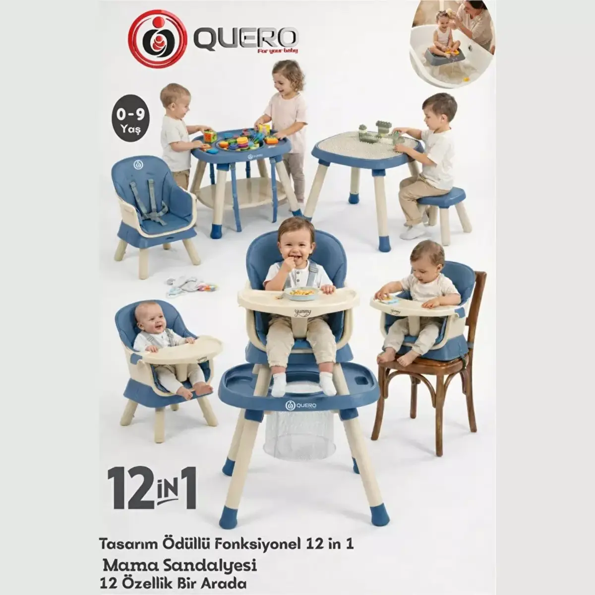Quero Yummy 12 in 1 Fonksiyonel Mama Sandalyesi Mavi