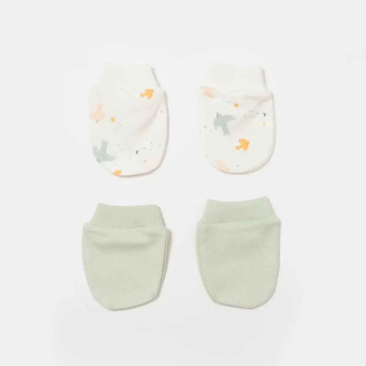 Bibaby Organik Eldiven 2li Tiny Birds Ekru - Yeşil