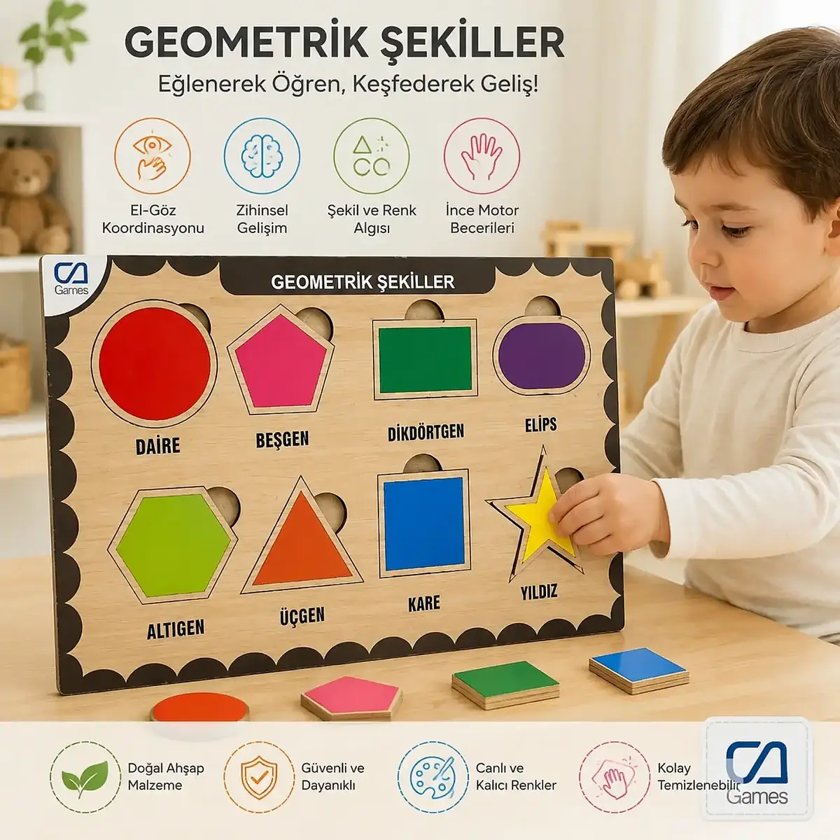 Ca Games Ahşap Tutmalı Puzzle Geometrik Şekiller