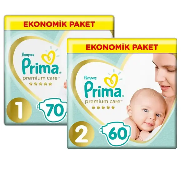 Prima Premium Care Bebek Bezi 1 Beden Yenidoğan 70li Ekonomik Paket+ 2 beden 60lı lı set 