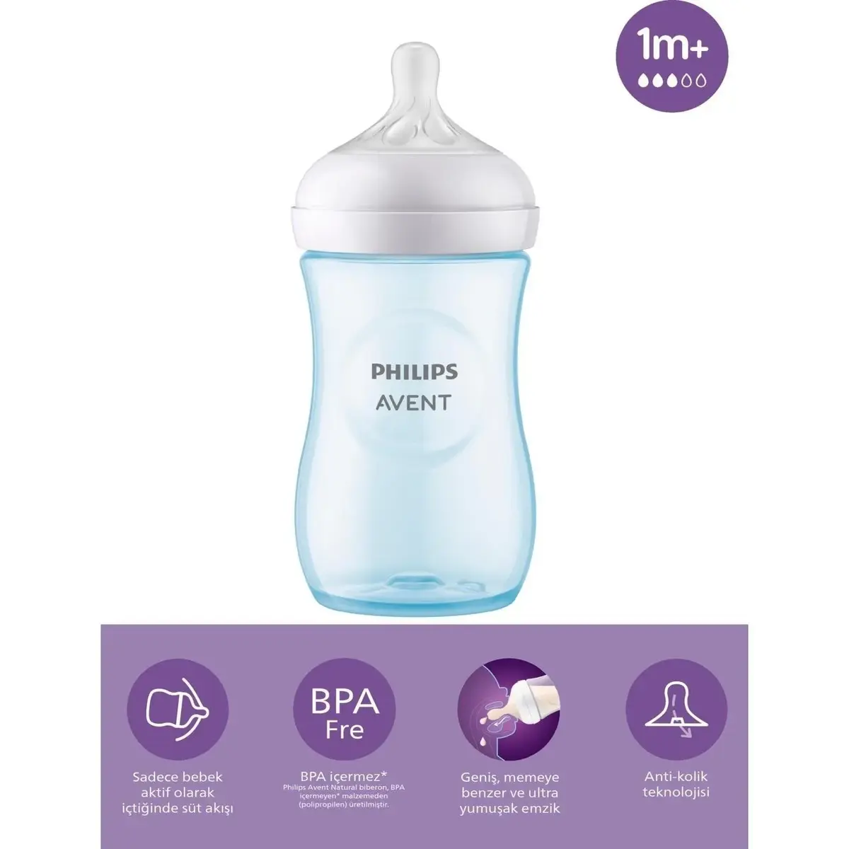 Philips Avent Doğal Tepkili PP Biberon 260ml 1+ Ay Mavi