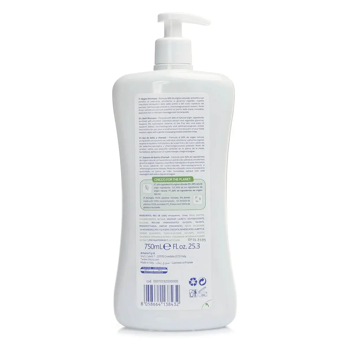 Chicco Baby Moments Doğal Göz Yakmayan Bebek Saç ve Vücut Şampuanı 750 ml x 3 Adet