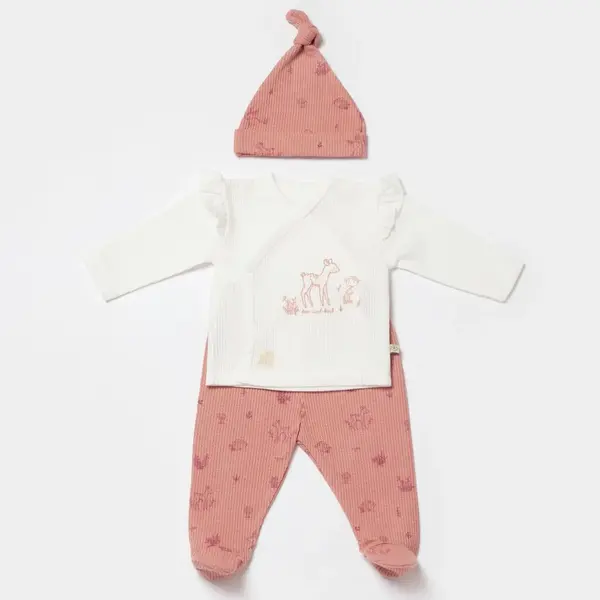 Bibaby Organik Zıbın Takımı 3lü Waffle Deer And Bird Ekru - Rose
