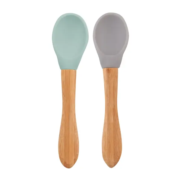 OiOi Silikon Mama Kaşığı 2li Bambu Saplı 9+ Ay River Green - Powder Grey