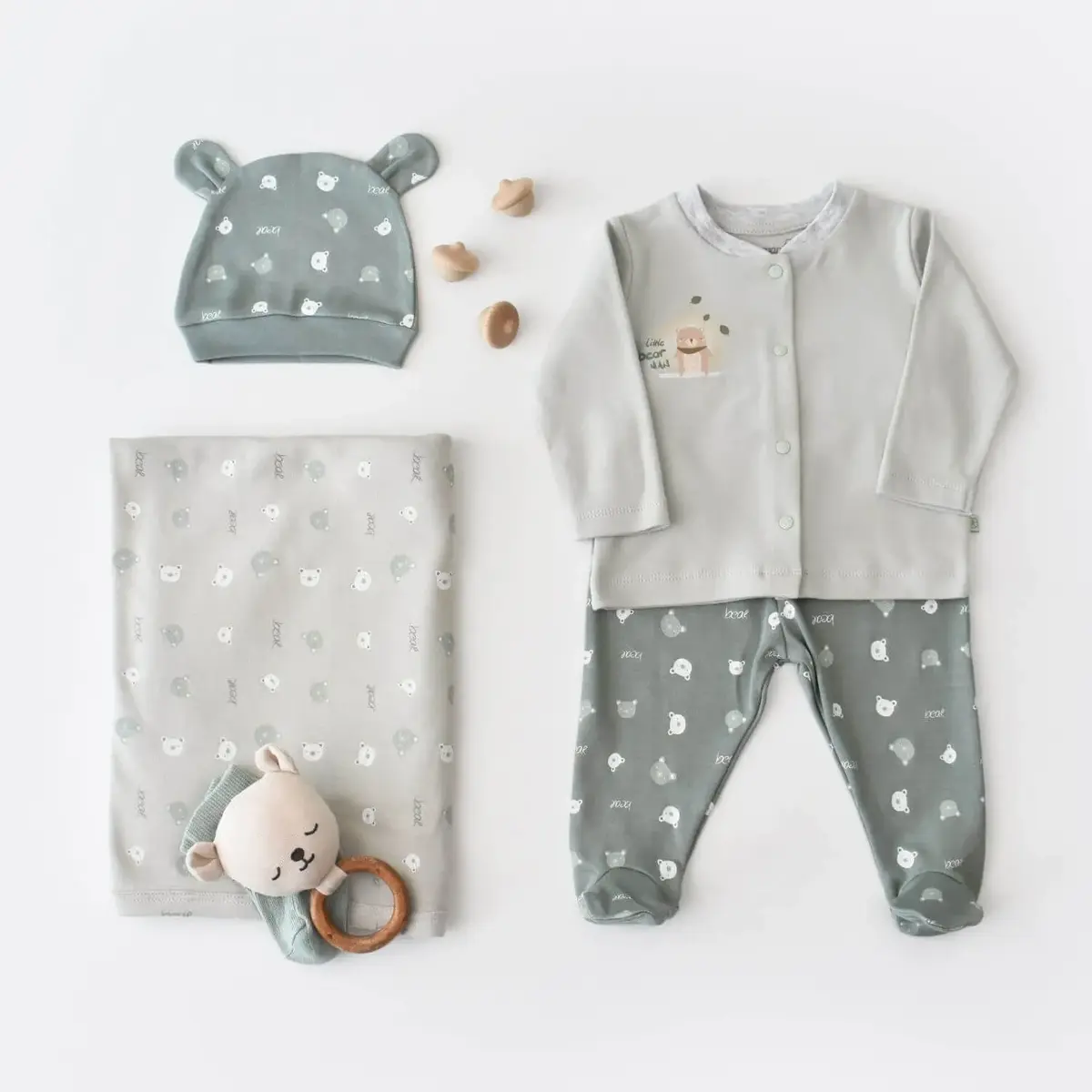 Bibaby Organik Zıbın Takımı Battaniyeli Tüllü Hug Me Bear Yeşil