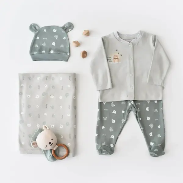 Bibaby Organik Zıbın Takımı Battaniyeli Tüllü Hug Me Bear Yeşil