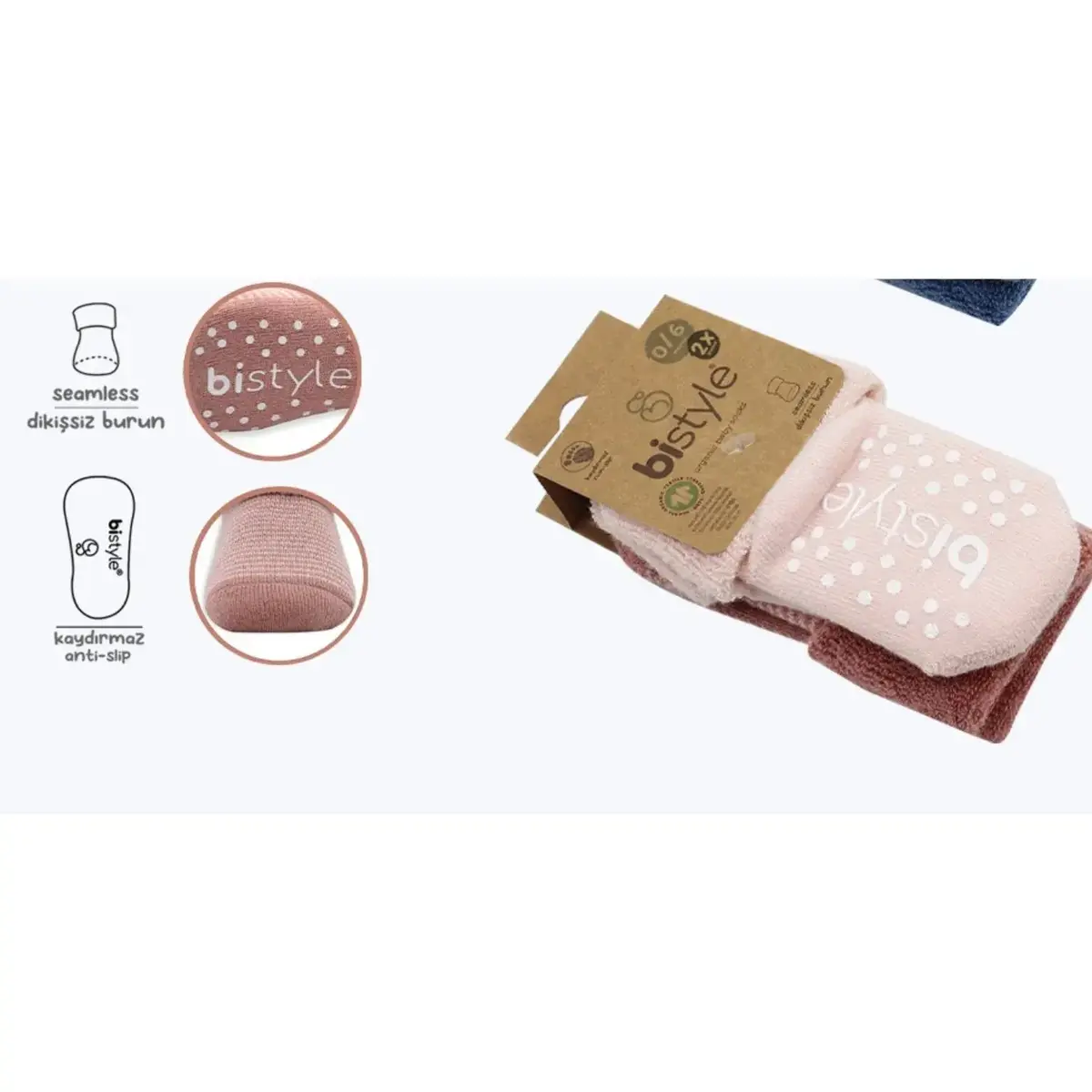 Bistyle Organik Çorap Soket Havlu 2li Kaymaz Çemberli Kıvrık  Pudra - Pembe