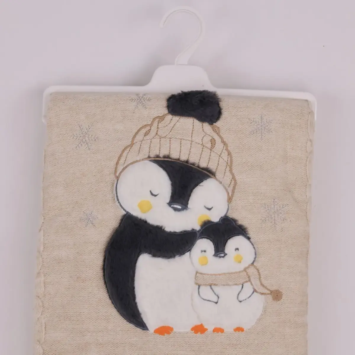 Mini Damla Battaniye Triko Penguen Nakışlı Bej