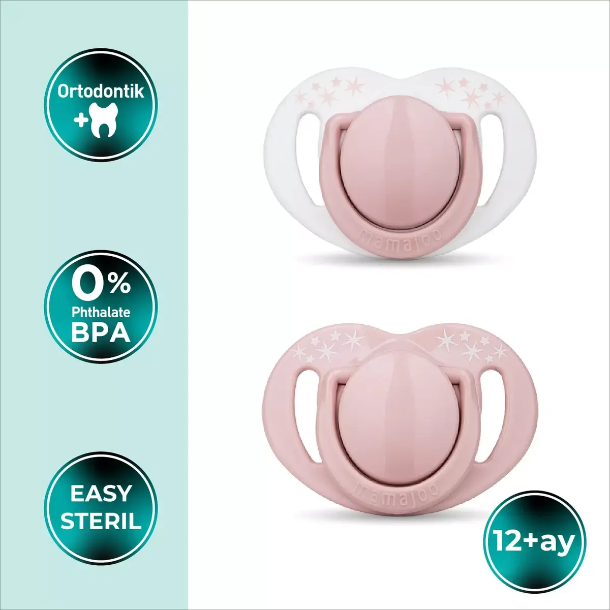 Mamajoo Silikon Emzik 2li & Sterilizasyon Saklama Kutusu 12+ Ay Powder Pink