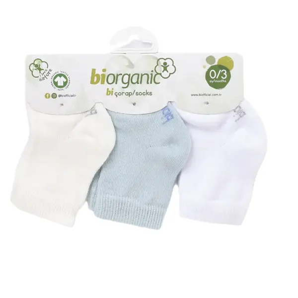 Bibaby Organik Çorap Soket 3lü Basic Mavi - Beyaz
