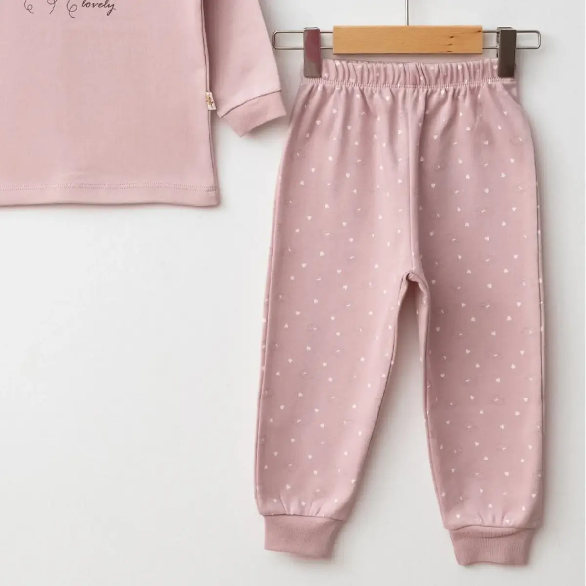 Mini Damla Pijama Takımı Penye Kalpli Ayıcık Emprime Pudra