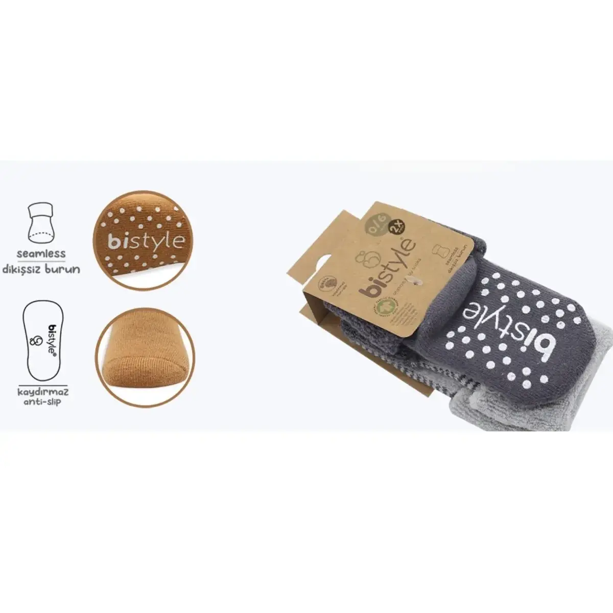 Bistyle Organik Çorap Soket Havlu 2li Kaymaz Çemberli Kıvrık  Gri - Antrasit