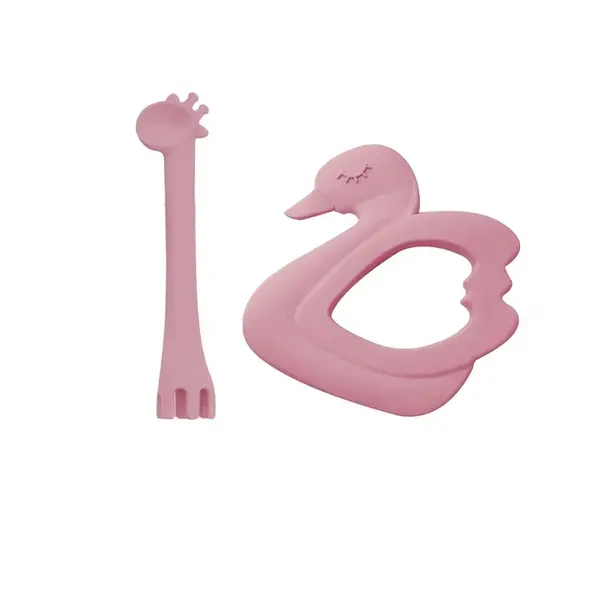 BM Care Çatal Kaşık Zürafa, Kuğu Diş Kaşıyıcı Pembe 2li Set