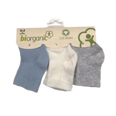 Bibaby Organik Çorap Soket 3lü Basic Desenli Beyaz - Mavi - Gri