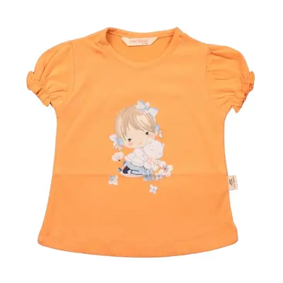 Mini Damla T-Shirt Kedili Kız Turuncu