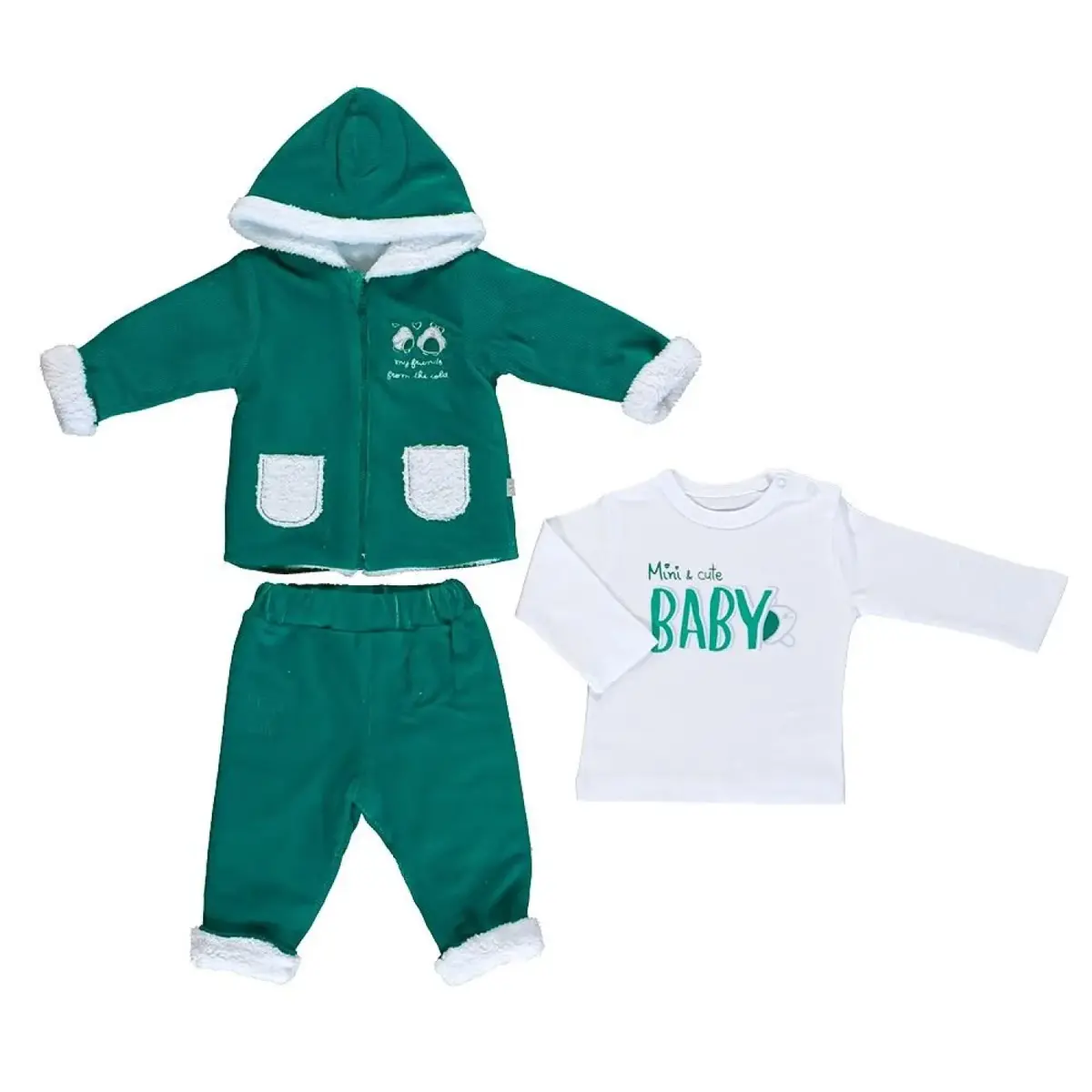 Bebetto 3lü Takım Hırkalı Kapüşonlu Kadife Baby Penguin Mint Bebetto 3lü Takım Hırkalı Kapüşonlu Kadife Baby Penguin Mint
