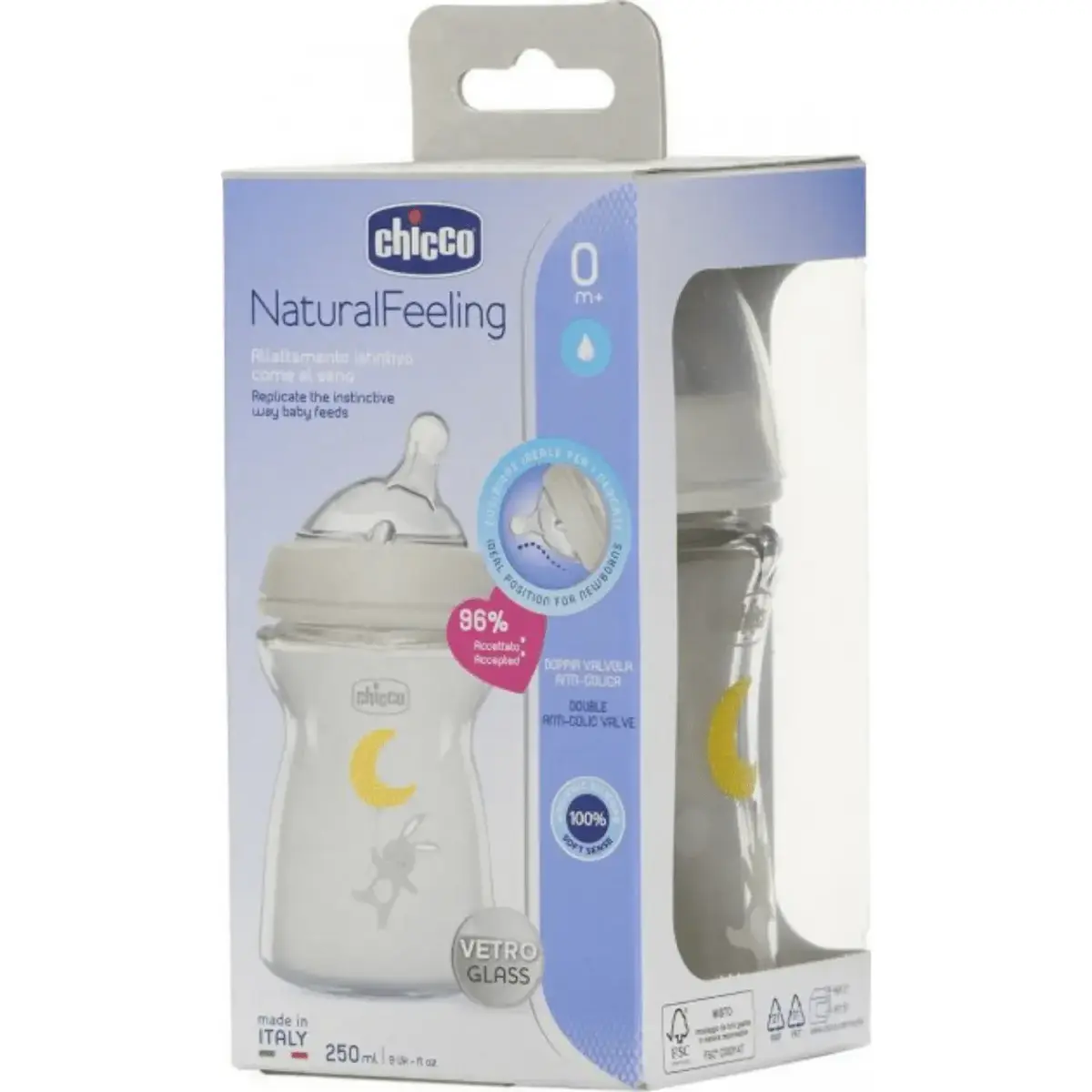 Chicco Natural Feeling Silikon Emzikli Cam Biberon Desenli 250 ml 0+ Ay Yeni