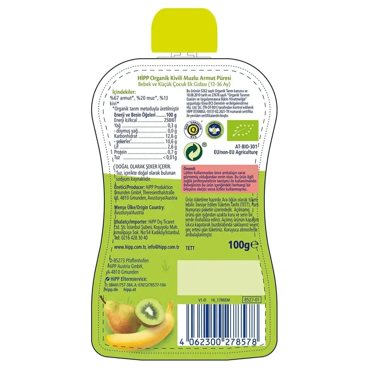 Hipp Organik Kivili Muzlu Armut Püresi 100 gr x3