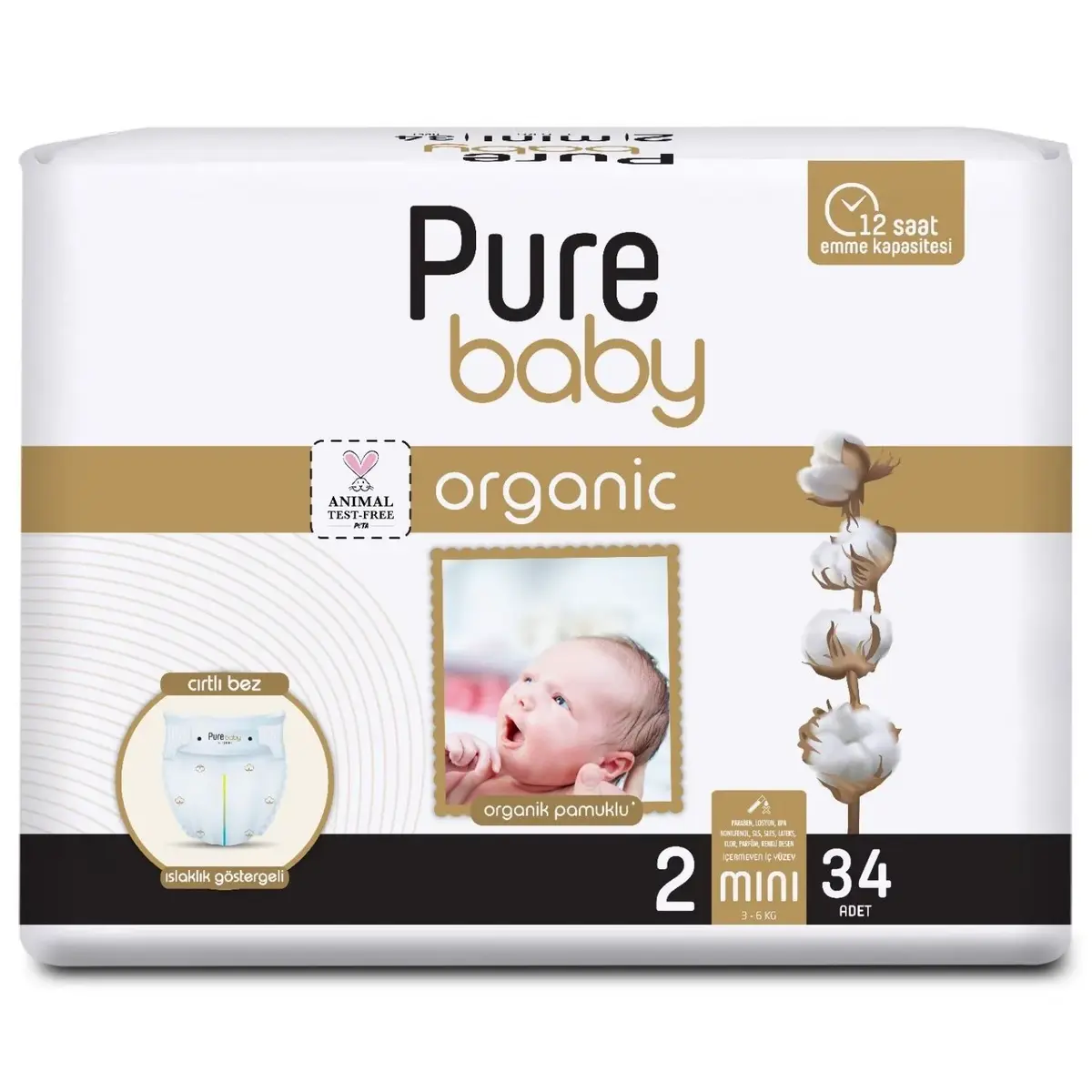 Pure Baby Pamuk Bebek Bezi 2 Beden Mini 34lü Jumbo Paket