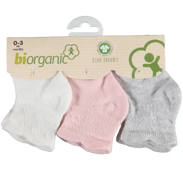 Bibaby Organik Çorap Soket 3lü Basic Desenli Ekru - Pembe - Gri