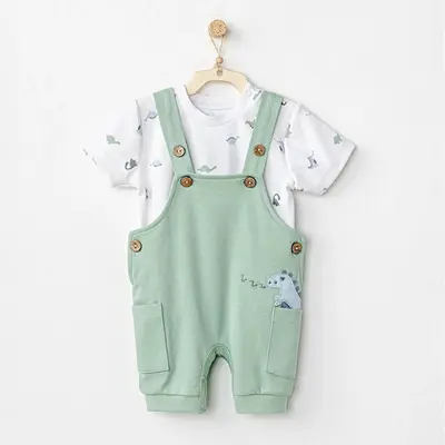 Andy Wawa Salopet Jumpsuit Dinosaur Yeşil - Beyaz